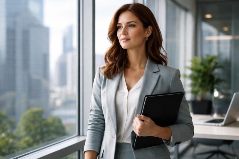 Mulher confiante em um escritório moderno olhando pela janela com expressão determinada.