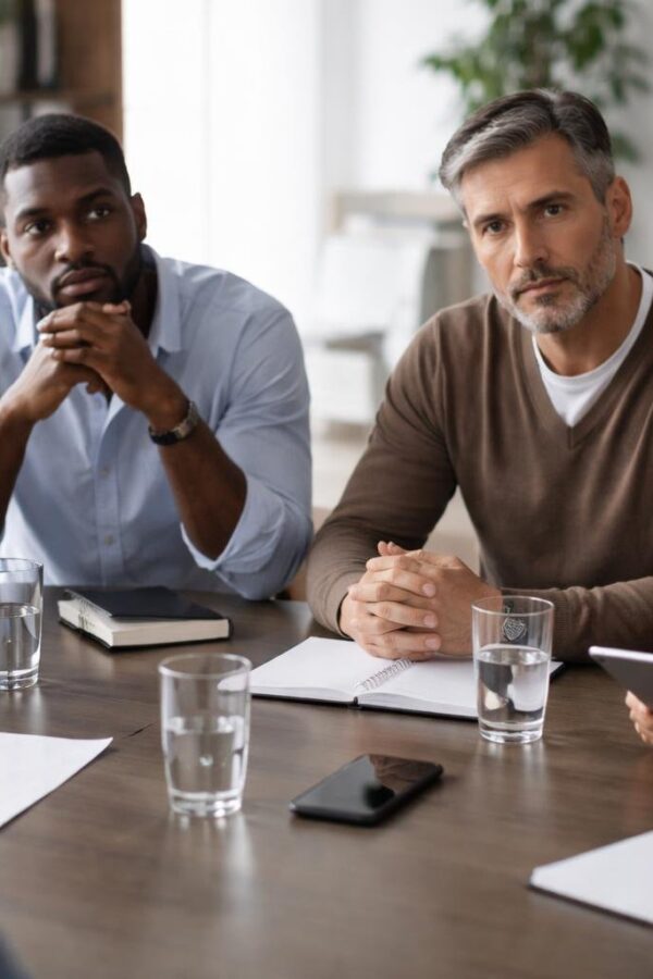 Grupo de adultos em uma reunião séria em uma sala de conferências moderna, discutindo um tema importante.