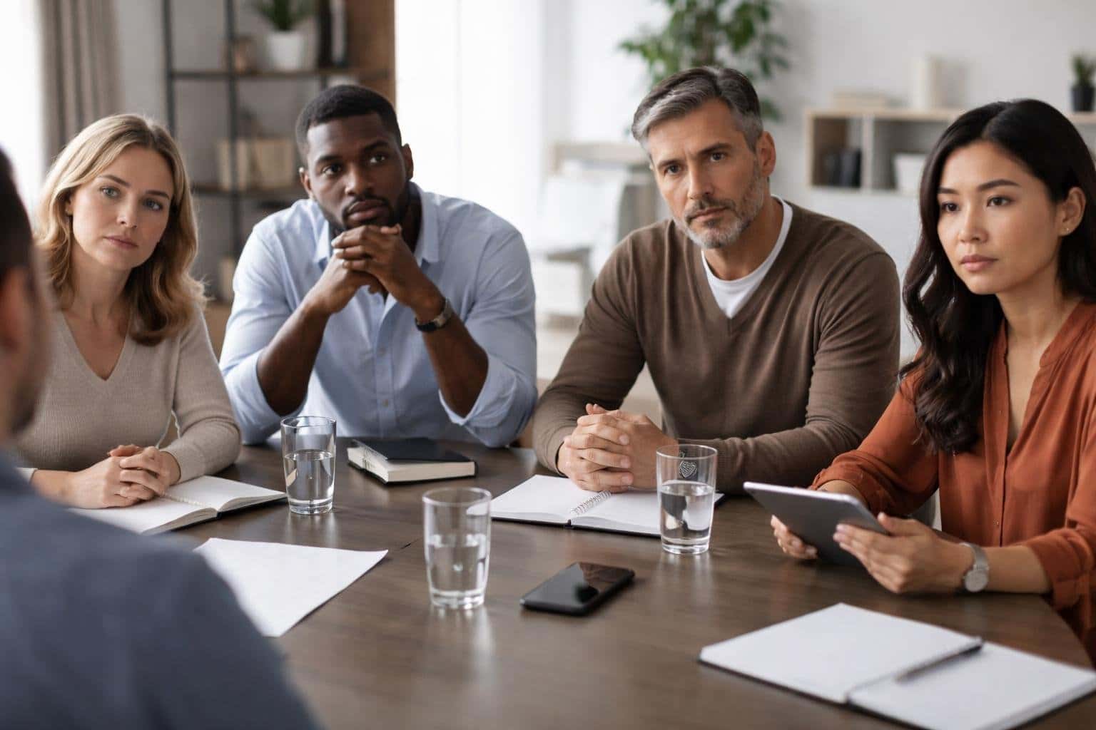 Grupo de adultos em uma reunião séria em uma sala de conferências moderna, discutindo um tema importante.