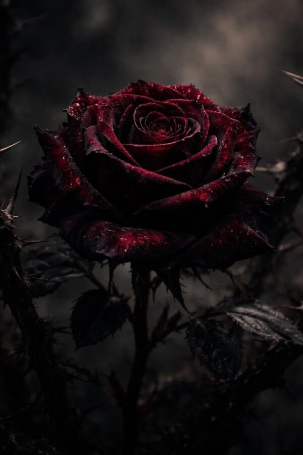 Uma rosa vermelha profunda com pétalas ligeiramente murchas rodeada por galhos espinhosos em um fundo escuro e desfocado.