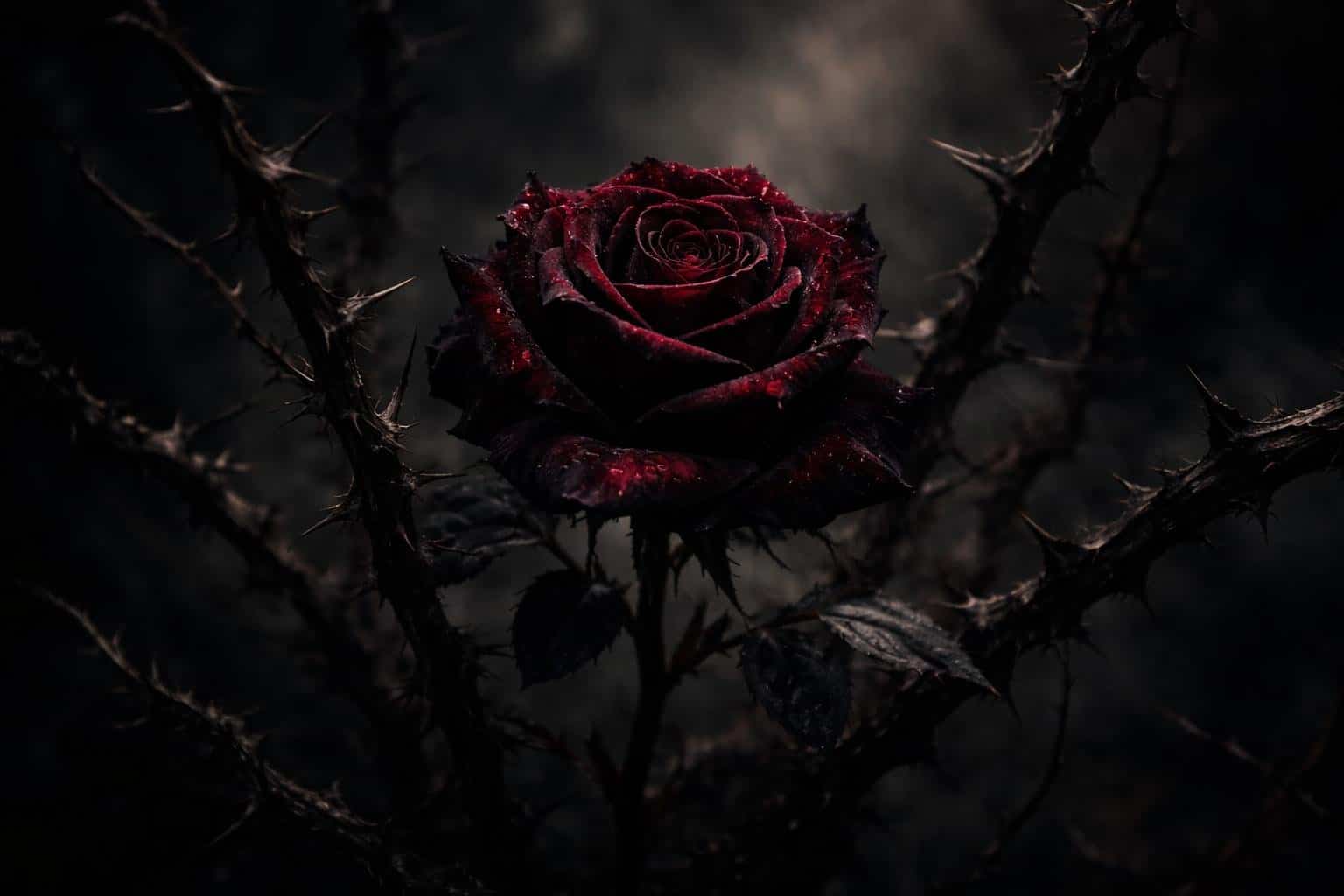 Uma rosa vermelha profunda com pétalas ligeiramente murchas rodeada por galhos espinhosos em um fundo escuro e desfocado.
