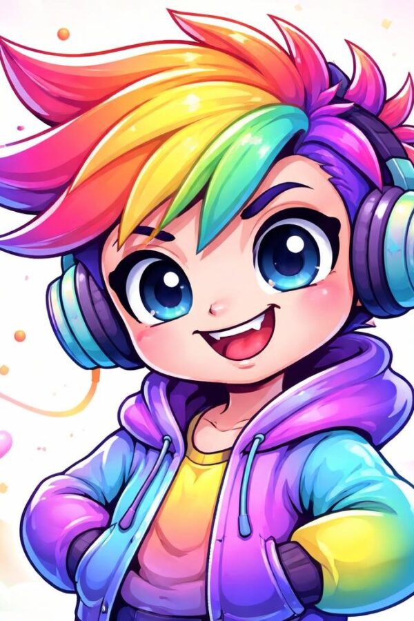 Ilustração colorida de um personagem de desenho animado com olhos expressivos e sorriso travesso, em um fundo claro com elementos abstratos ao redor.