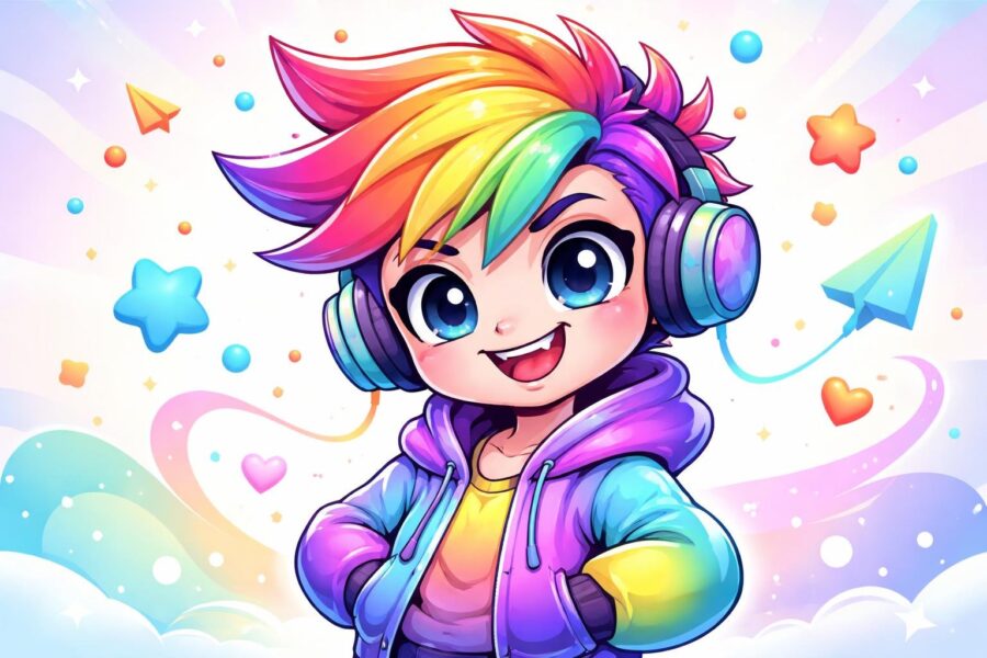 Ilustração colorida de um personagem de desenho animado com olhos expressivos e sorriso travesso, em um fundo claro com elementos abstratos ao redor.