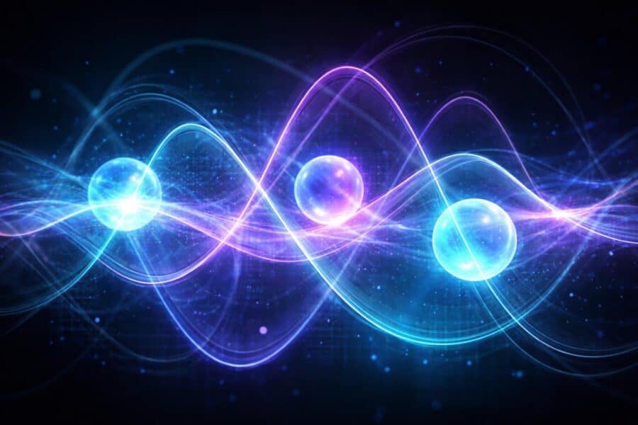 Representação abstrata de partículas quânticas sobrepostas em um fundo escuro com luzes e formas translúcidas.