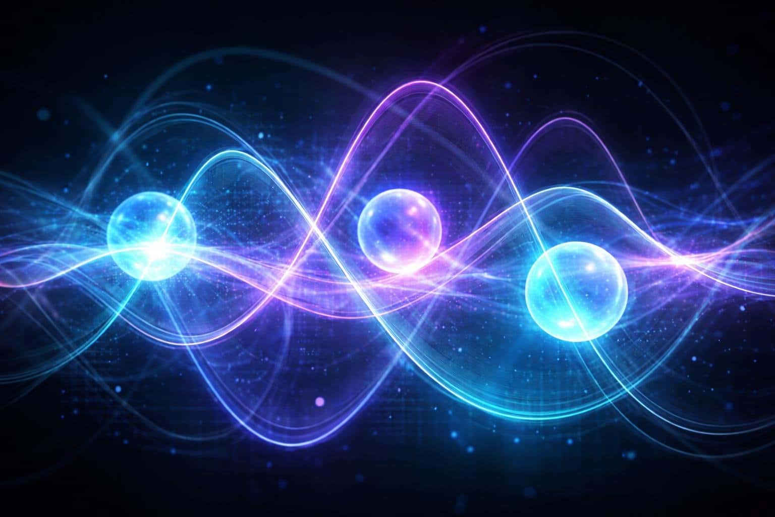 Representação abstrata de partículas quânticas sobrepostas em um fundo escuro com luzes e formas translúcidas.
