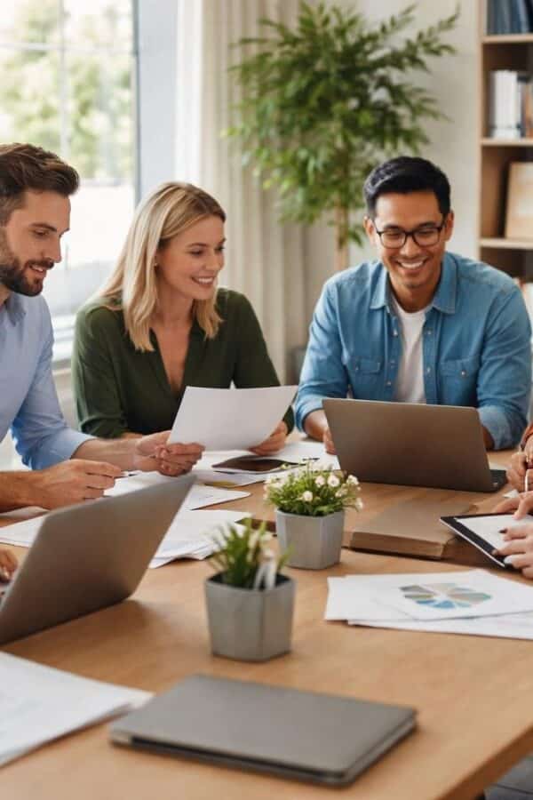 Pessoas trabalhando juntas em um escritório moderno e bem iluminado, usando laptops e documentos em uma mesa grande.