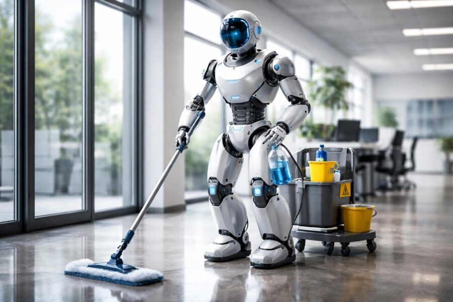 Um robô zelador limpando o chão em um escritório moderno com janelas grandes e plantas.