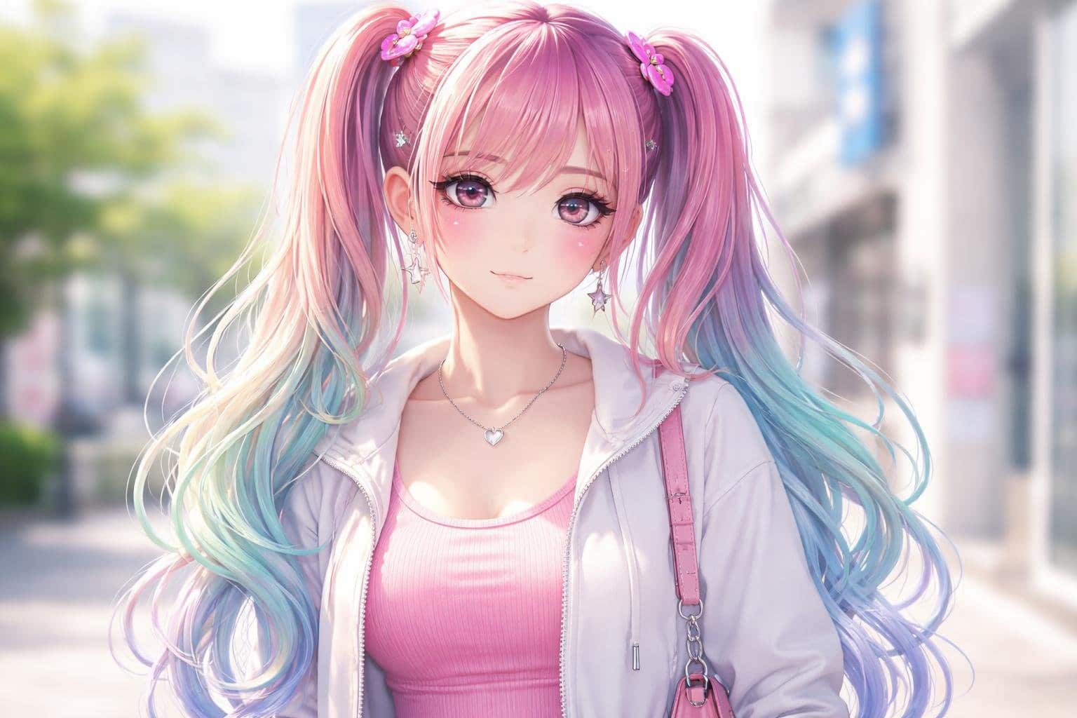 Jovem mulher com cabelo colorido e expressão confiante, em ambiente urbano desfocado ao fundo.