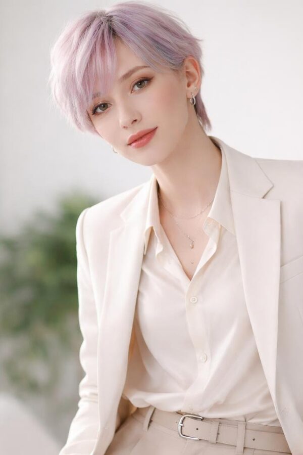 Pessoa jovem com aparência andrógina, cabelo colorido em tons pastéis, usando roupa moderna e elegante, posando em estúdio com fundo neutro.