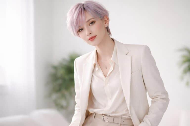 Pessoa jovem com aparência andrógina, cabelo colorido em tons pastéis, usando roupa moderna e elegante, posando em estúdio com fundo neutro.