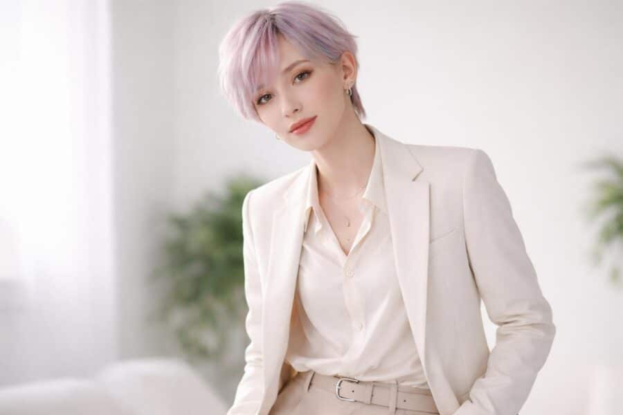 Pessoa jovem com aparência andrógina, cabelo colorido em tons pastéis, usando roupa moderna e elegante, posando em estúdio com fundo neutro.