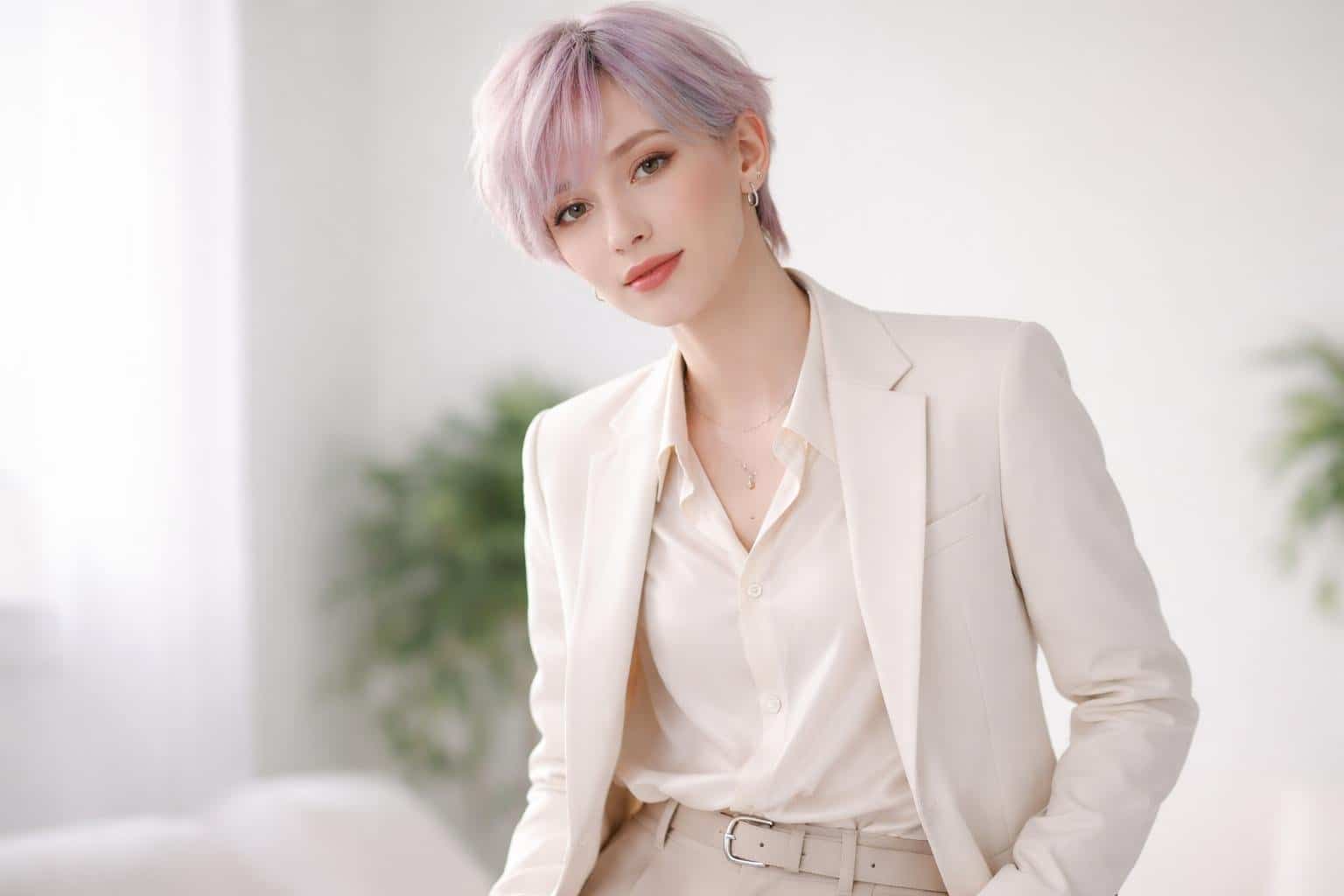 Pessoa jovem com aparência andrógina, cabelo colorido em tons pastéis, usando roupa moderna e elegante, posando em estúdio com fundo neutro.