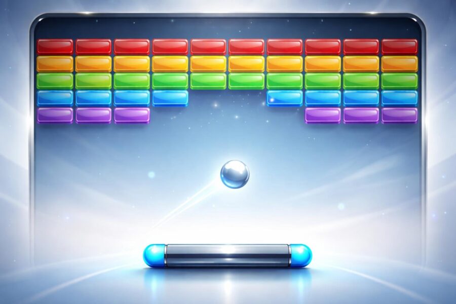 Interface de jogo digital com blocos coloridos organizados e uma raquete na parte inferior pronta para rebater uma bola.
