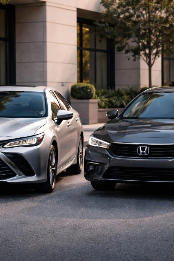 Dois carros modernos, um Toyota e um Honda, estacionados lado a lado em uma rua urbana limpa e iluminada.