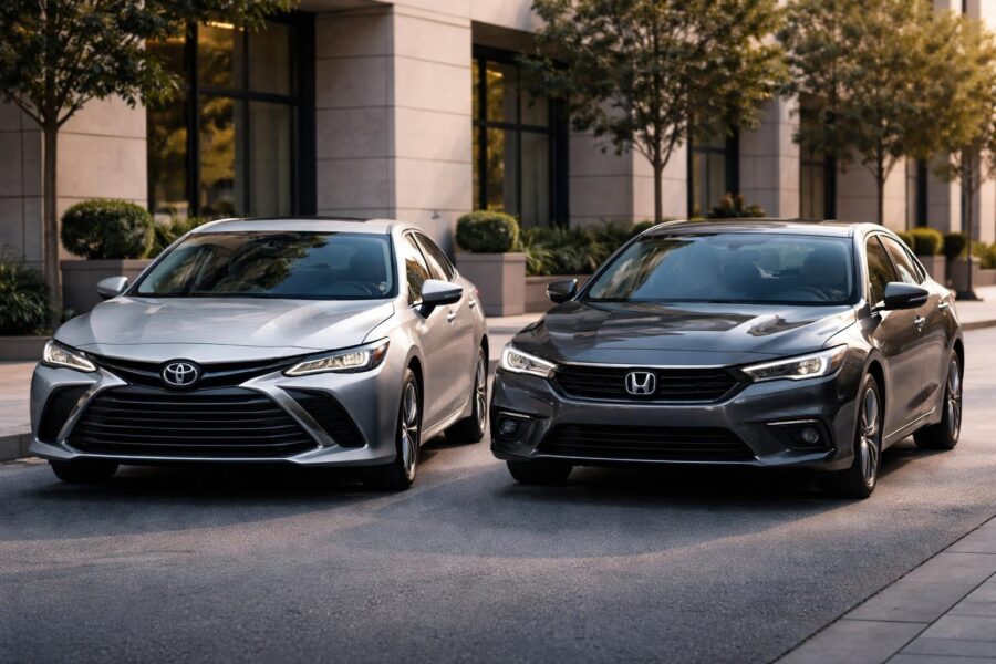 Dois carros modernos, um Toyota e um Honda, estacionados lado a lado em uma rua urbana limpa e iluminada.
