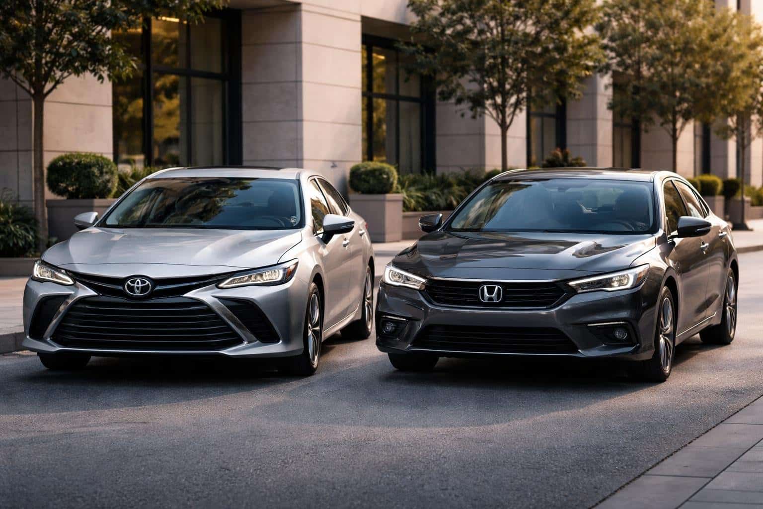 Dois carros modernos, um Toyota e um Honda, estacionados lado a lado em uma rua urbana limpa e iluminada.