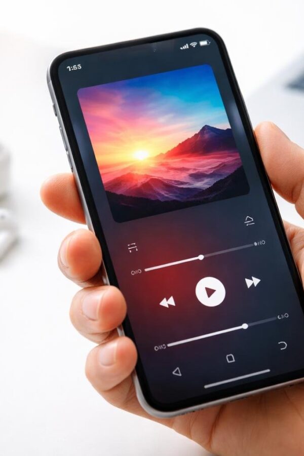 Uma mão segurando um smartphone que mostra uma interface de aplicativo de música, com fones de ouvido sem fio e um laptop desfocados ao fundo.