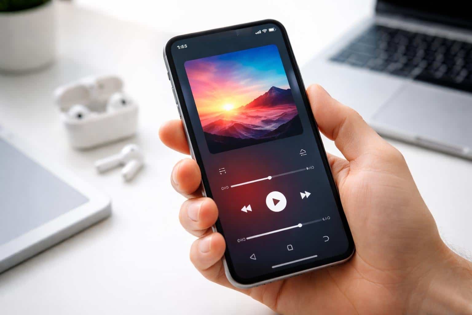 Uma mão segurando um smartphone que mostra uma interface de aplicativo de música, com fones de ouvido sem fio e um laptop desfocados ao fundo.