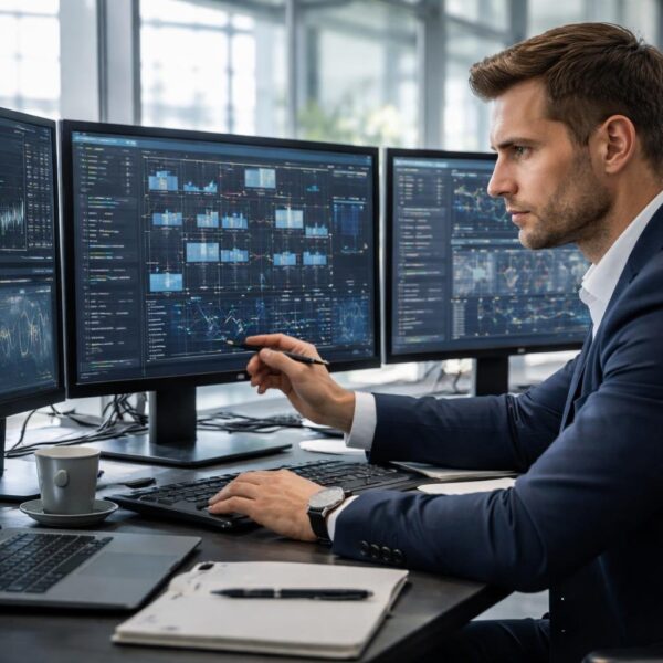 Pessoa trabalhando concentrada em um escritório moderno, interagindo com várias telas de computador exibindo dados e gráficos.
