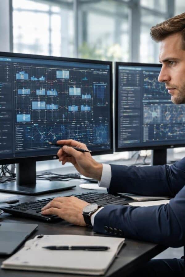 Pessoa trabalhando concentrada em um escritório moderno, interagindo com várias telas de computador exibindo dados e gráficos.