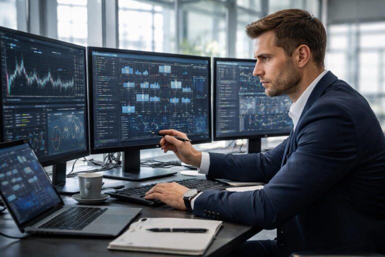 Pessoa trabalhando concentrada em um escritório moderno, interagindo com várias telas de computador exibindo dados e gráficos.