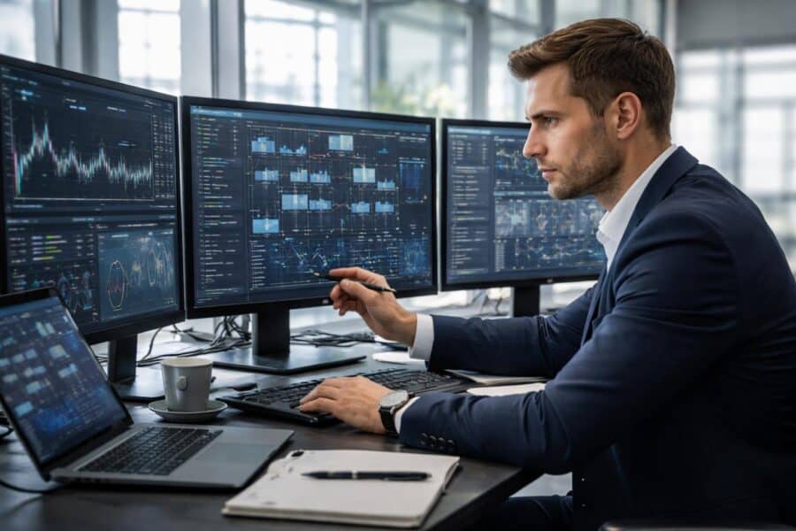 Pessoa trabalhando concentrada em um escritório moderno, interagindo com várias telas de computador exibindo dados e gráficos.