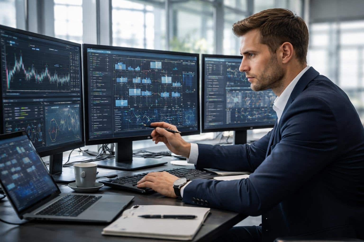 Pessoa trabalhando concentrada em um escritório moderno, interagindo com várias telas de computador exibindo dados e gráficos.