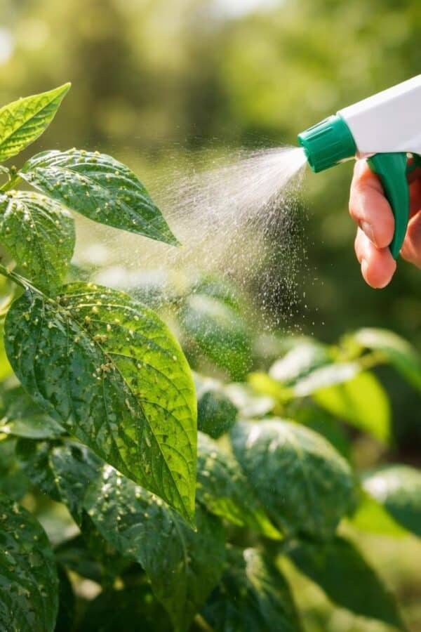 Mão borrifando planta com pulgões para eliminar pragas em um jardim ao ar livre.
