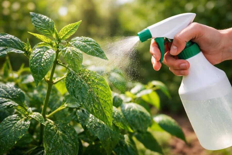 Mão borrifando planta com pulgões para eliminar pragas em um jardim ao ar livre.