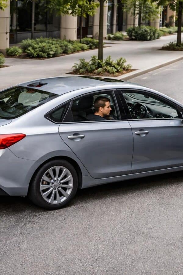 Pessoa estacionando um carro paralelo entre dois veículos em uma rua da cidade.