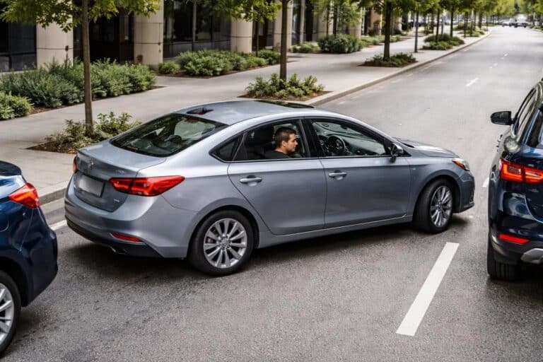 Pessoa estacionando um carro paralelo entre dois veículos em uma rua da cidade.