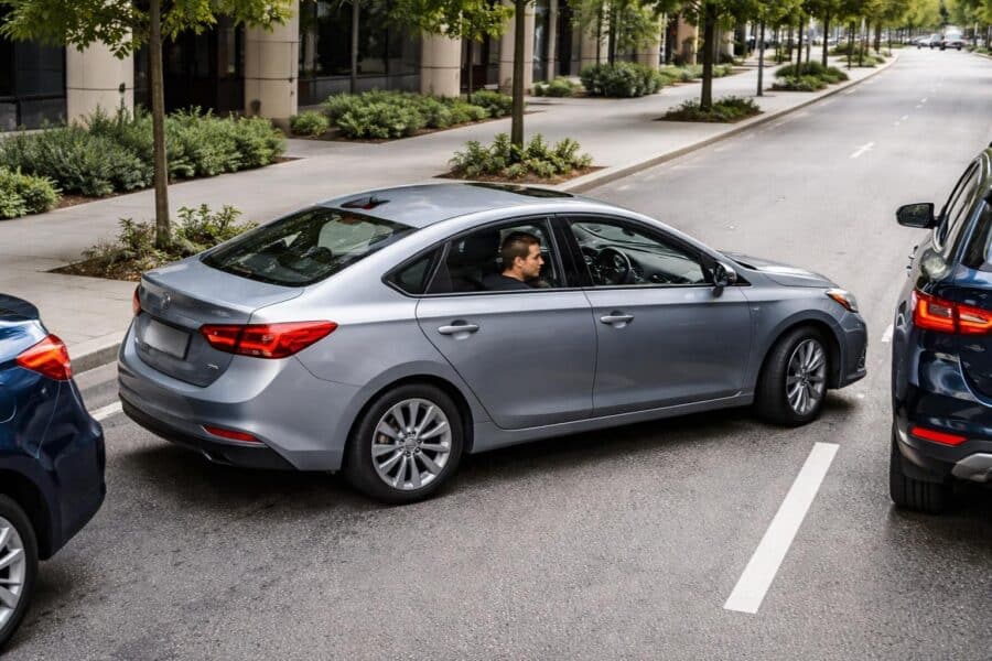 Pessoa estacionando um carro paralelo entre dois veículos em uma rua da cidade.