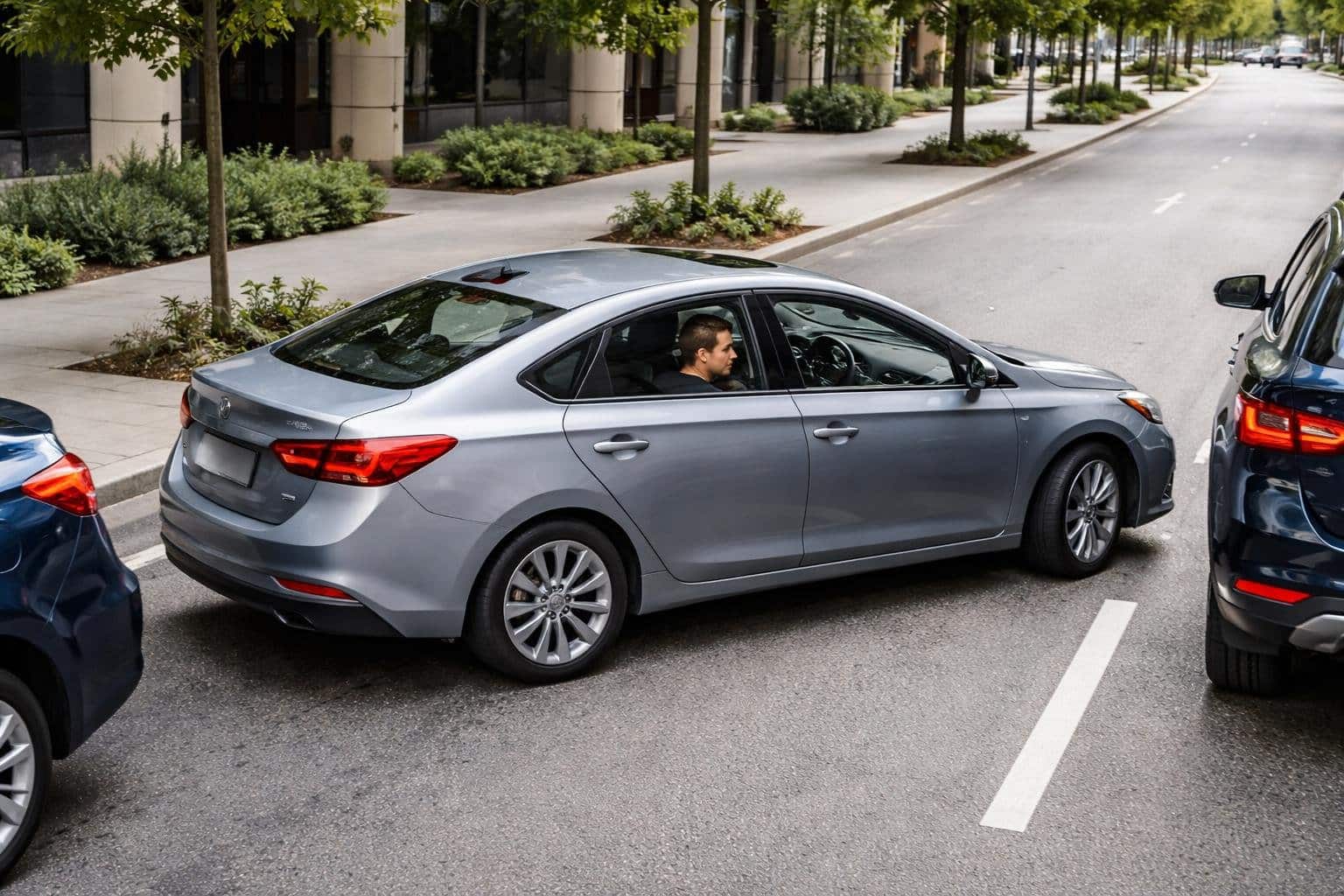Pessoa estacionando um carro paralelo entre dois veículos em uma rua da cidade.