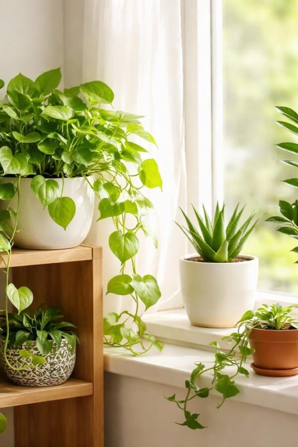 Várias plantas domésticas verdes e saudáveis em uma prateleira de madeira e parapeito de janela com luz natural.