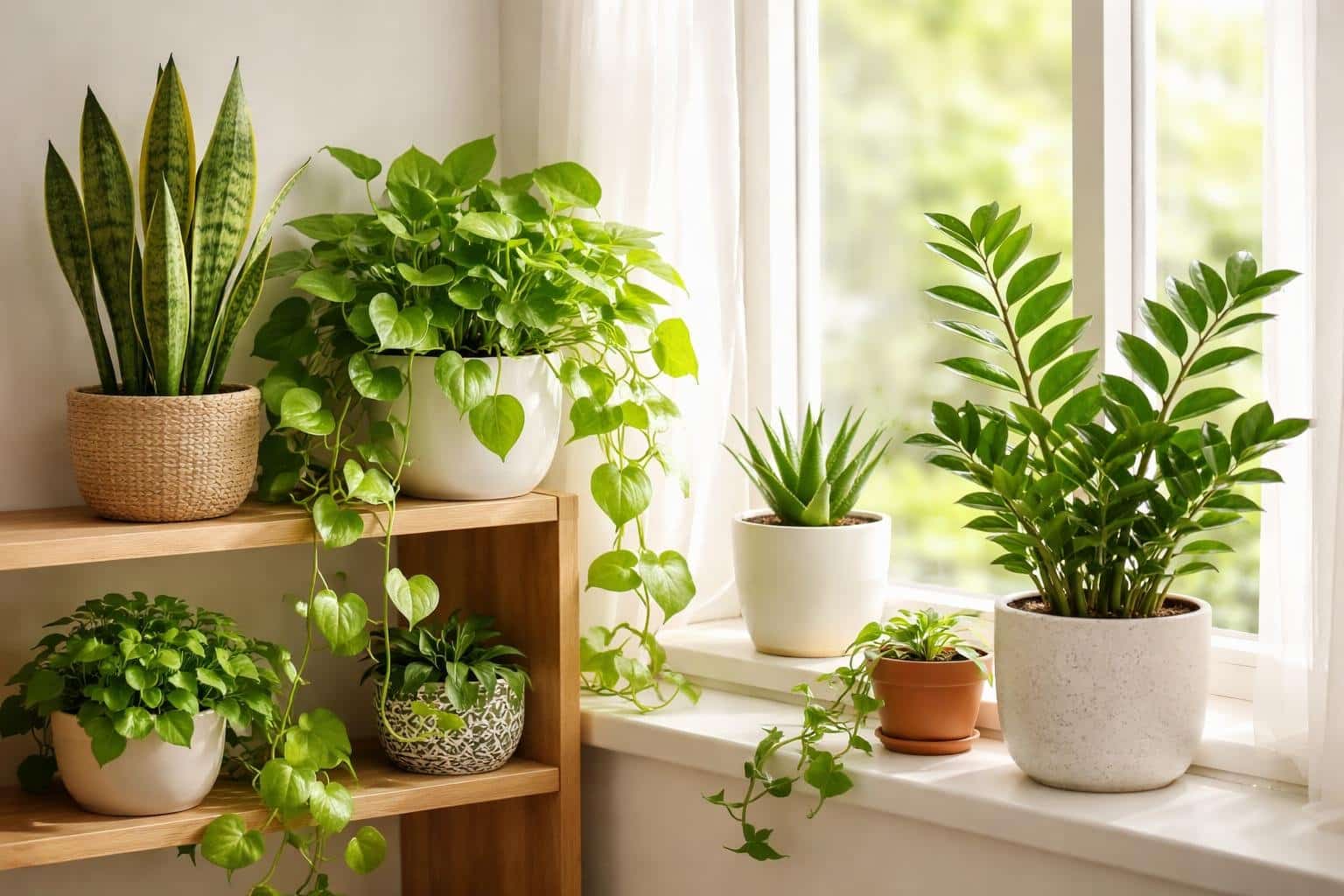 Várias plantas domésticas verdes e saudáveis em uma prateleira de madeira e parapeito de janela com luz natural.