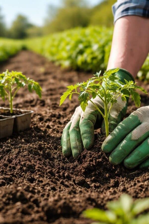 Pessoa plantando mudas de tomate em um jardim ensolarado durante a primavera.