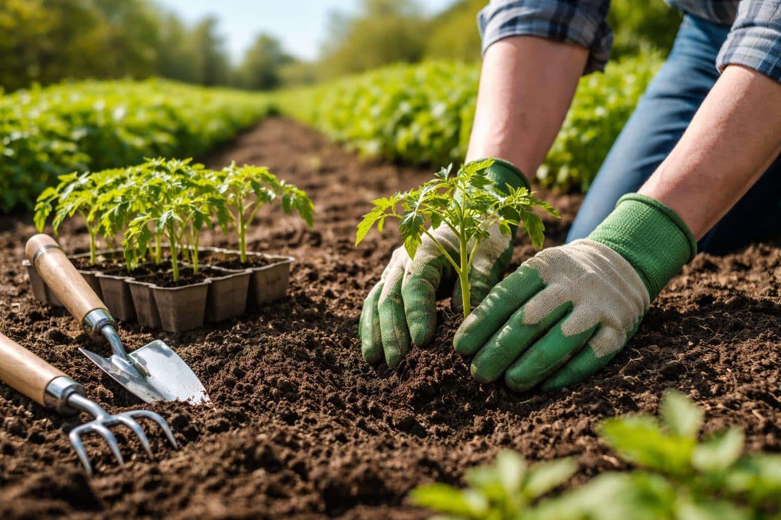 Pessoa plantando mudas de tomate em um jardim ensolarado durante a primavera.