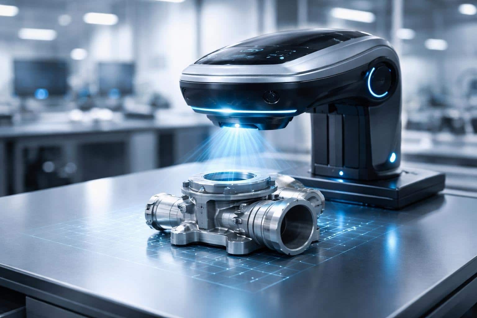 Dispositivo futurista escaneando um objeto sobre uma mesa moderna em um laboratório de alta tecnologia.