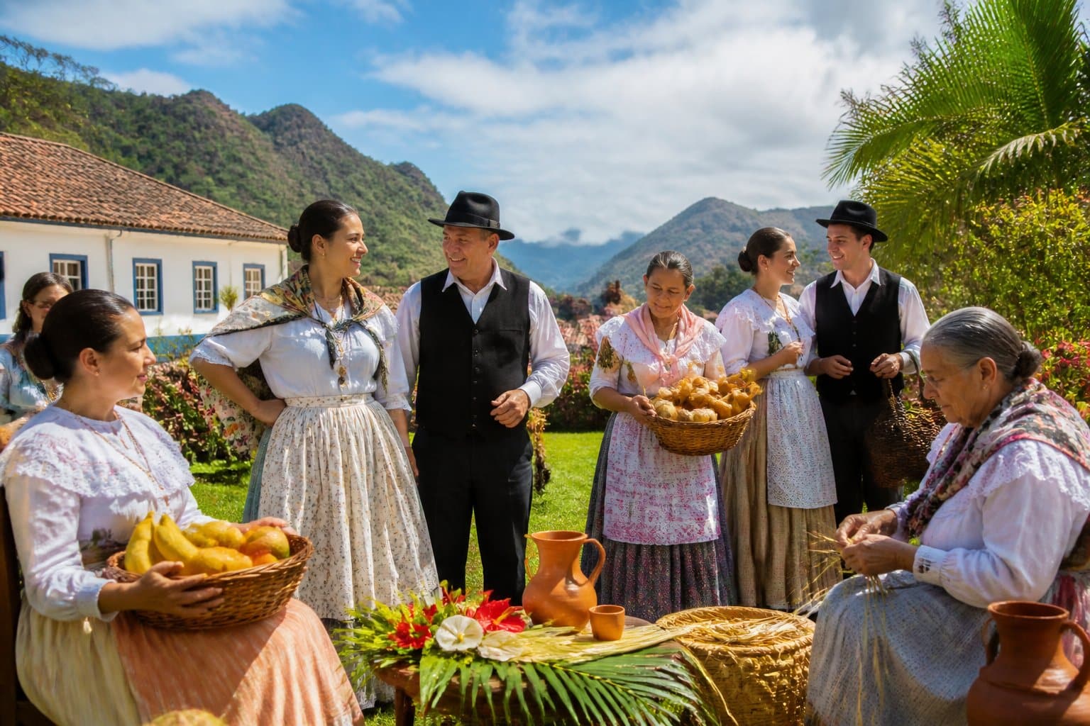 Grupo de pessoas vestindo trajes tradicionais do Espírito Santo, reunidas ao ar livre em uma paisagem verde com colinas e céu azul, participando de uma celebração cultural.
