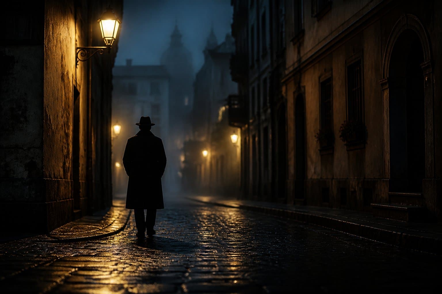 Uma rua urbana ao entardecer com neblina, uma pessoa sozinha usando casaco longo e chapéu embaixo de um poste de luz antigo, com sombras e reflexos nas pedras molhadas.
