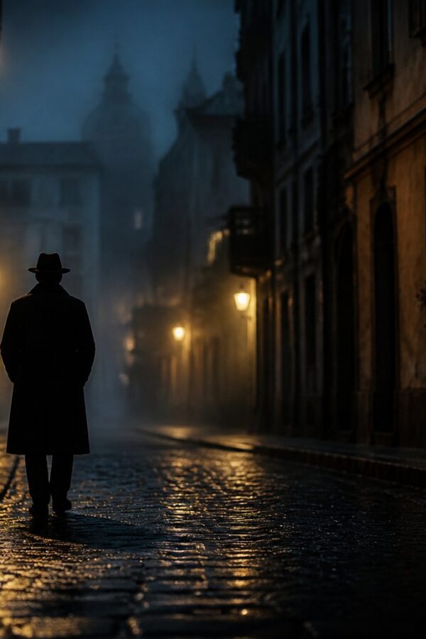 Uma rua urbana ao entardecer com neblina, uma pessoa sozinha usando casaco longo e chapéu embaixo de um poste de luz antigo, com sombras e reflexos nas pedras molhadas.