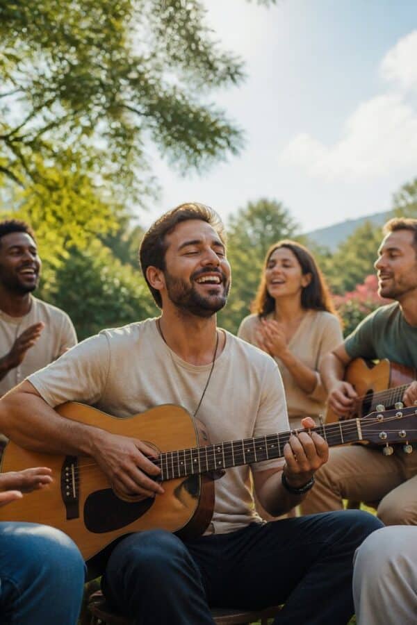 Grupo diverso de pessoas cantando e tocando instrumentos ao ar livre em um ambiente natural ensolarado.