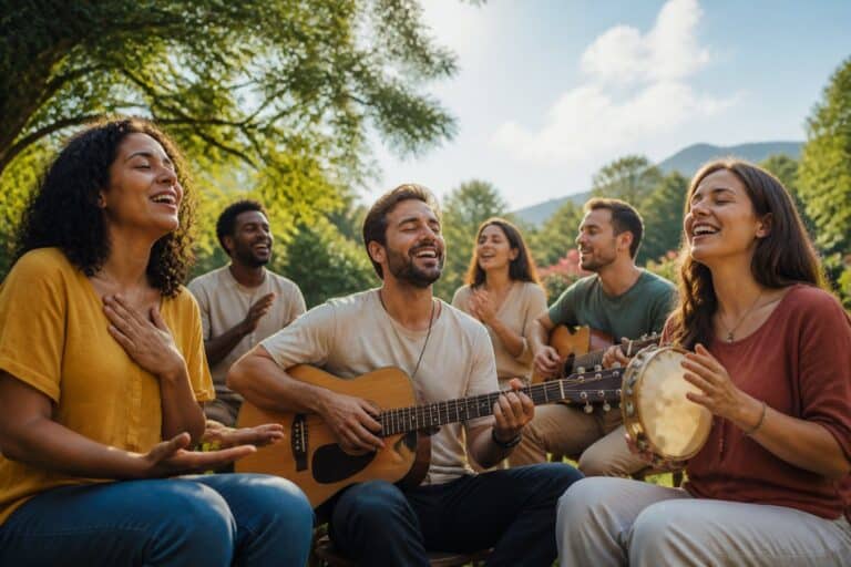 Grupo diverso de pessoas cantando e tocando instrumentos ao ar livre em um ambiente natural ensolarado.