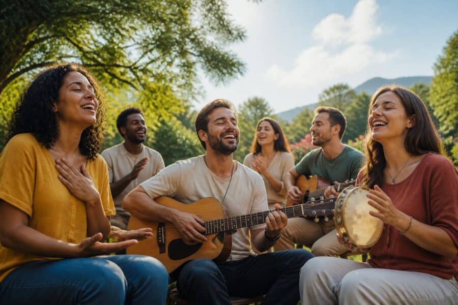 Grupo diverso de pessoas cantando e tocando instrumentos ao ar livre em um ambiente natural ensolarado.