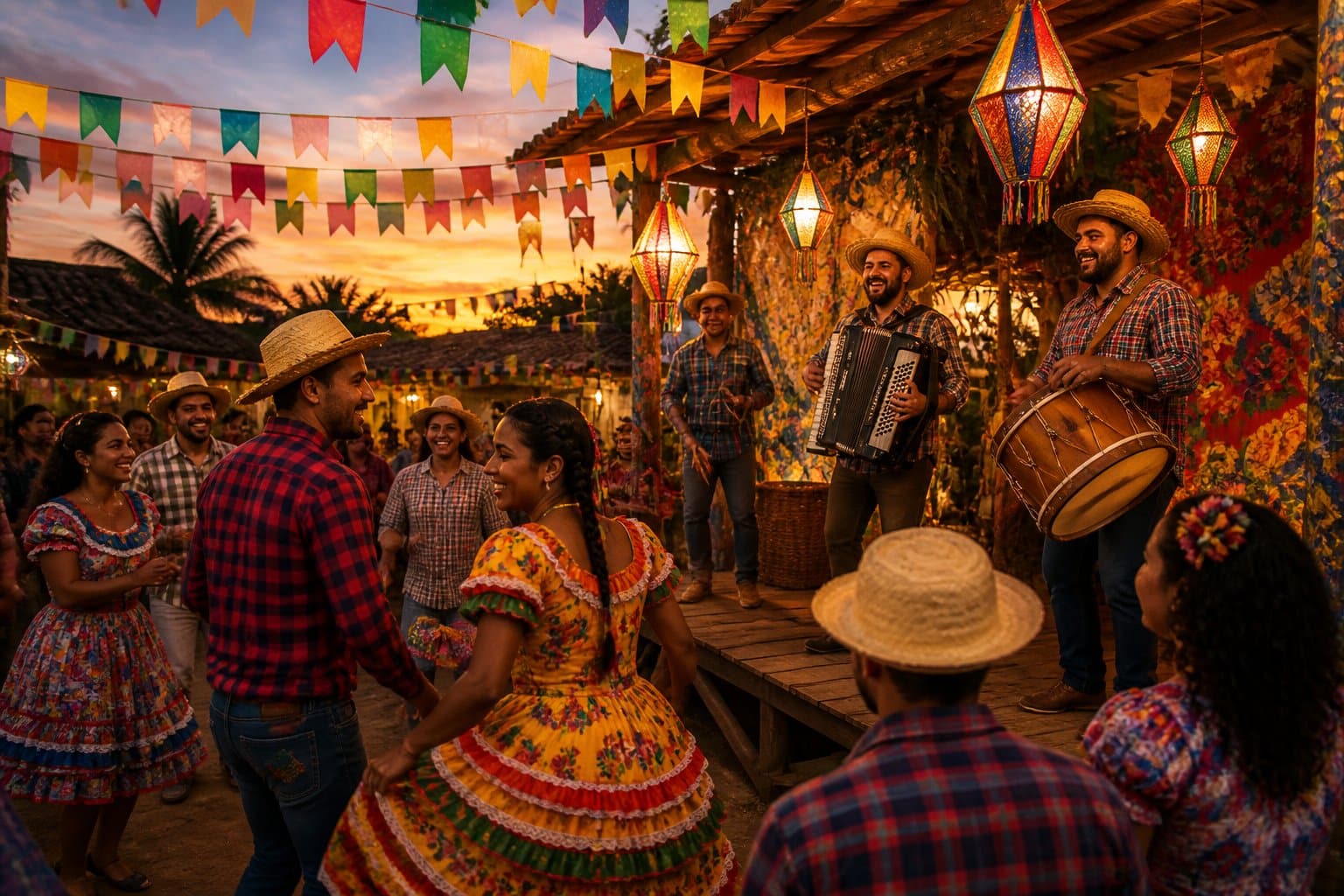 Grupo de pessoas vestindo roupas típicas do São João, reunidas em um palco decorado com bandeirinhas coloridas e lanternas, durante uma festa ao entardecer.