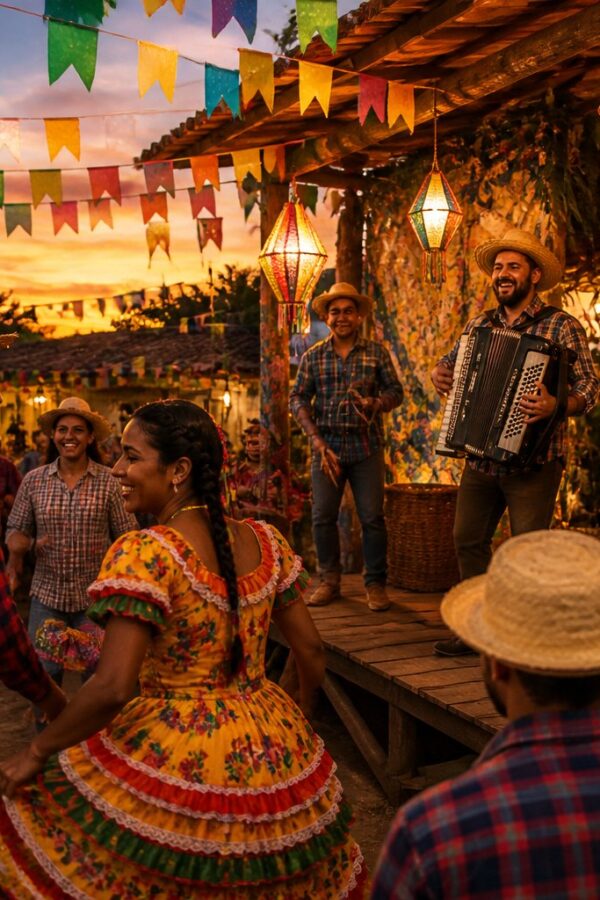 Grupo de pessoas vestindo roupas típicas do São João, reunidas em um palco decorado com bandeirinhas coloridas e lanternas, durante uma festa ao entardecer.