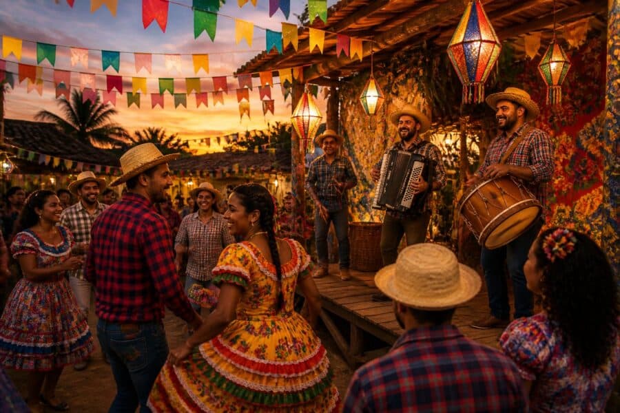 Grupo de pessoas vestindo roupas típicas do São João, reunidas em um palco decorado com bandeirinhas coloridas e lanternas, durante uma festa ao entardecer.