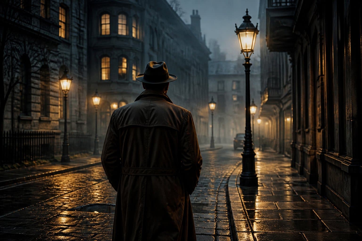 Rua urbana à noite com iluminação suave e uma pessoa de costas usando sobretudo e chapéu, criando uma atmosfera misteriosa.