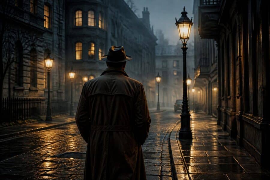 Rua urbana à noite com iluminação suave e uma pessoa de costas usando sobretudo e chapéu, criando uma atmosfera misteriosa.