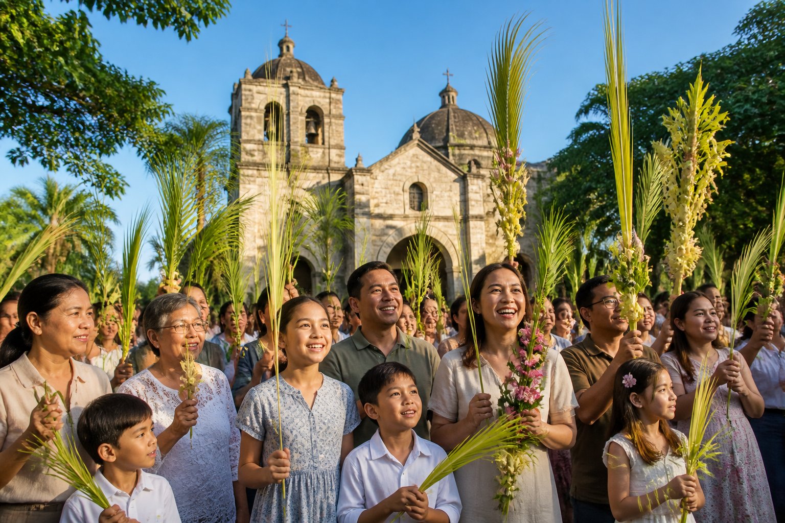 Pessoas reunidas ao ar livre segurando ramos de palmeira em frente a uma igreja durante a celebração do Domingo de Ramos.